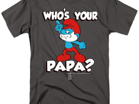 SMURFS : WHO S YOUR PAPA? S\S ADULT 100% COTTON 18\1 T-SHIRT Charcoal 2X For Sale