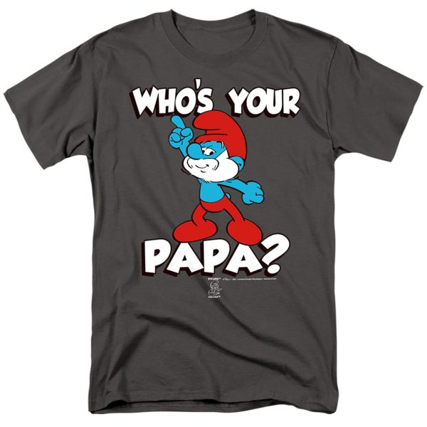 SMURFS : WHO S YOUR PAPA? S\S ADULT 100% COTTON 18\1 T-SHIRT Charcoal 2X For Sale